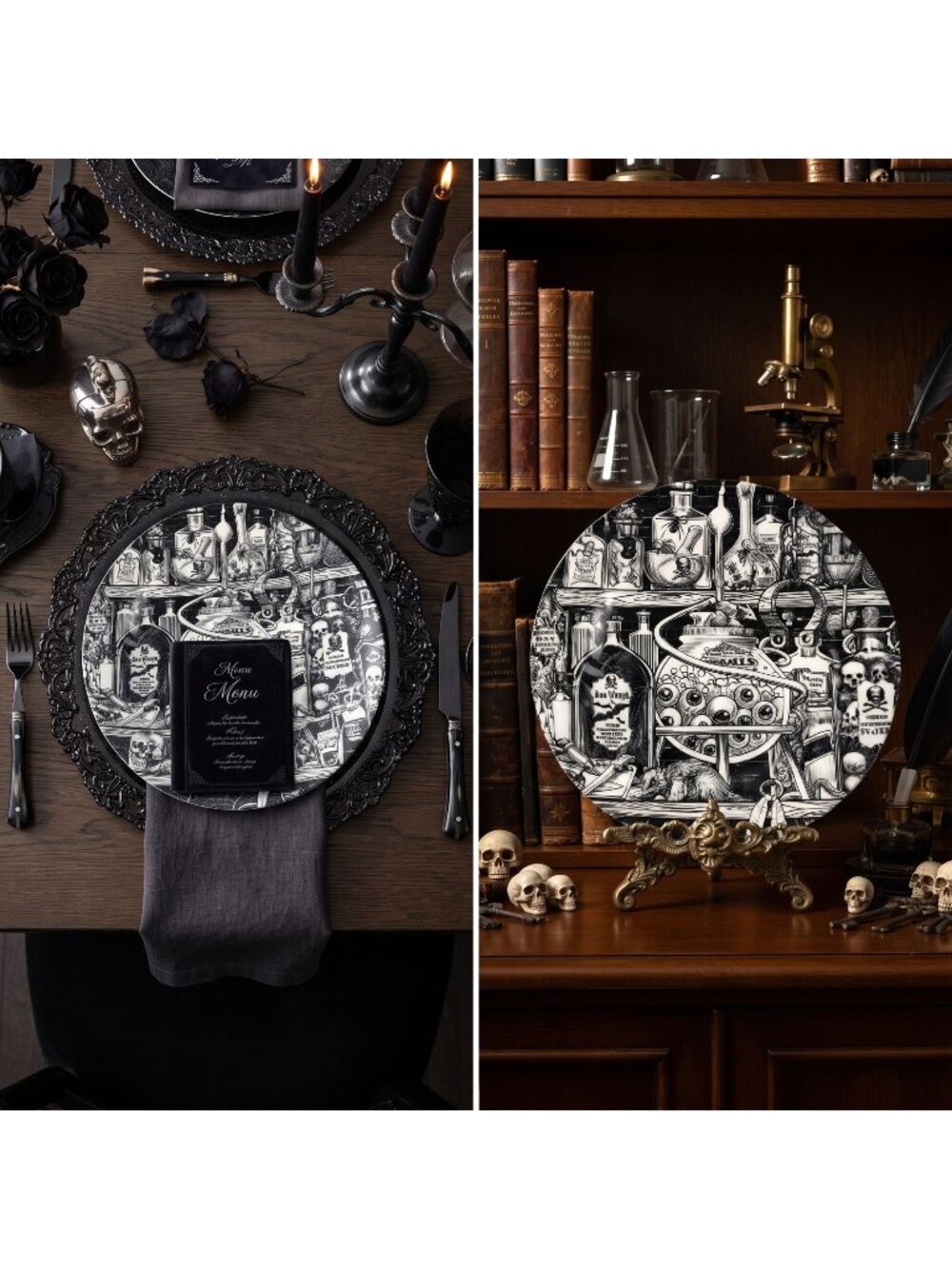 Royal Wessex England Halloween Black White Porcelain 2 Dinner Plates Apothecary